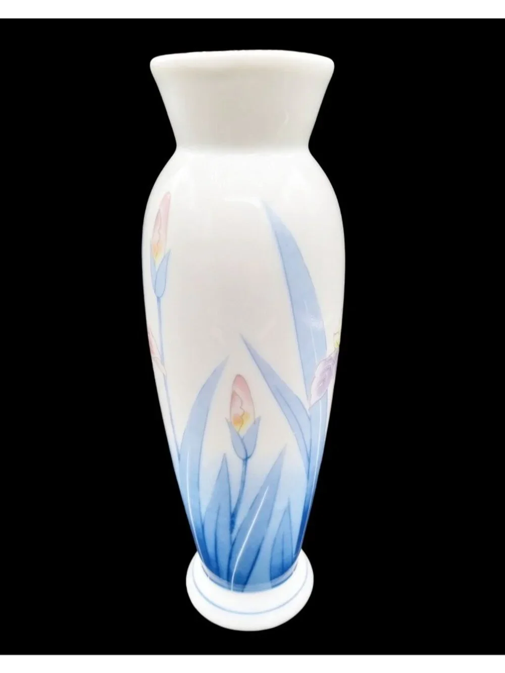 Japanese Porcelain Vase Vintage Kozan Gama Blue Iris Floral Gold Trim 6.75